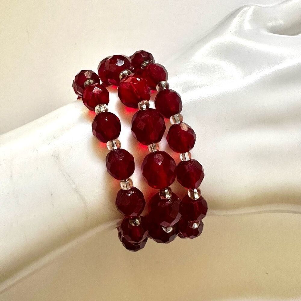 Red beaded triple strand bracelet